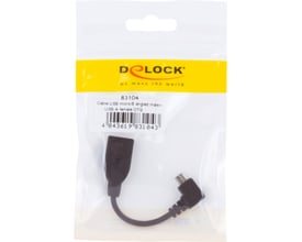 Delock sort vinklet OTG-kabel med Micro USB-B-hanstik og USB-A-hunstik ses i mærket emballage.