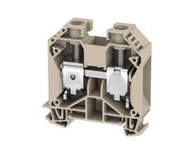 Weidmüller gennemgangsklemme med skrueforbindelse, mørk beige til 35 mm² og 125 A, set skråt forfra med synlige metaldele.