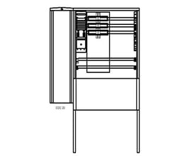 ABB distributionsskab til ladestandere, model EV SDC 20/673-2-M, med 630A skinnesystem og måletrafo-felt. Dette tekniske diagram viser kabinettets interne komponenter.