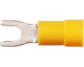 Nærbillede af en gul Elpress gaffelkabelsko til 4-6mm² kabel, der viser den fortinnede kobbergaffel og den gule isolering.