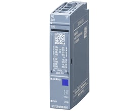 Siemens SIMATIC ET 200SP analog output modul AQ 2xU standard, med detaljeret mærkning for tilslutninger og diagnose, fremstillet i Tyskland.