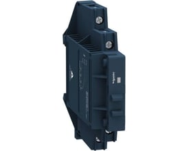 Schneider Electric solid state relæ til DIN-skinne, 1 fase, 12A og 24VDC i mørkeblå plast med synlige skruer til montering.