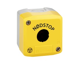 Schneider Electric nødstopkasse Harmony XALK med dansk NØDSTOP-tekst, vist frontalt på hvid baggrund.