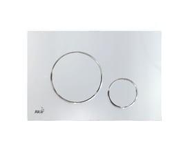 Nærbillede af Alca M671 tynd betjeningsplade i blank krom plast, viser de to cirkulære trykknapper med krom kant.