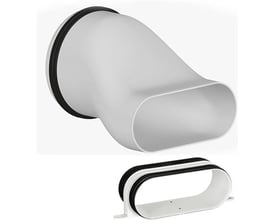 Dantherm oval kanaladapter til RCV320, Ø125 mm, hvid med sort tætningsring, vist sammen med et separat ovalt monteringsbeslag.