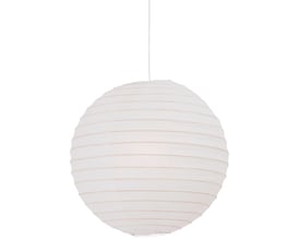 Nordlux Rispapir 48 pendel i hvidt papir med E27 sokkel, diameter 48 cm, vist hængende mod hvid baggrund.