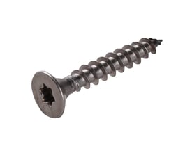 Spånpladeskrue 5,0 x 30 mm i A2 rustfrit stål med undersænket hoved og TX25 kærv, vist isoleret på hvid baggrund.