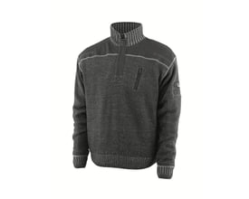 Mascot Naxos striktrøje i antracit, vist frem med en høj ribkrave og synlig lynlåslukning foran. Den har en telefonlomme på brystet.