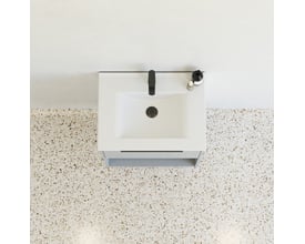 Top view af Dansani Mido møbelpakke, 61 cm, med stribet blå mat skuffe og hvid vask med sort armatur.