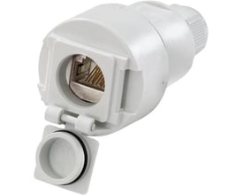 Weidmüller tilslutningsstik IE-C-IP67 i lys grå PA CAT 6 med åben klap og synlig RJ45/IDC7-port.