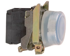 Schneider Electric ATEX lampetryk i blå med LED, vist fra siden med monteringsblok og metaldele.