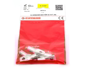 Elpress KRF16-6 cu kabelsko til 16mm² ledere med M6 laske, sælges i pose med 5 stk. på rød baggrund.