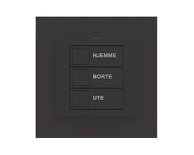 Mat sort mTouch sparekontakt med tre knapper mærket "HJEMME", "BORTE" og "UTE", monteret på en mørk ramme.