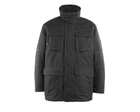 Mascot sort parka i størrelse XL med flere lommer og synlige kontrastsyninger. Parkaen har en høj krave og er lavet af 100% polyester.