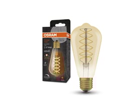 Osram Ledvance 1906 Edison guld pære med spiral filament, 4,8W og E27 fatning, præsenteret ved siden af sin emballage.