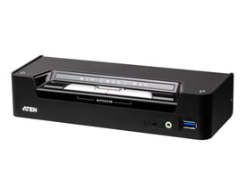 Sort Aten CS1953-AT 3-port hybrid KVM-switch med USB-C, True 4K DisplayPort og USB 3.0, set skråt forfra.