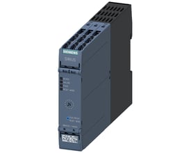 Siemens SIRIUS 3RM1 elektronisk motorstarter med smalt design, viser LED-indikatorer og betjeningsknap på grå baggrund.