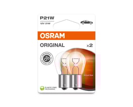 OSRAM P21W 12V 21W BA15S BLI2 Original reservedelspakke med to pærer i klar plastemballage med billede af bil.