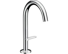 AXOR etgrebsbatteri i krom med 140mm tud og push-open bundventil på hvid baggrund.