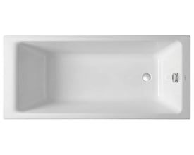 Hvidt, rektangulært COBA-badekar til indbygning i sanitetsakryl, set ovenfra med synligt afløb og overløb.