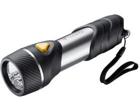 Varta Day Light Multi LED F30 lommelygte i sort og sølv med gul knap og snor til ophæng.
