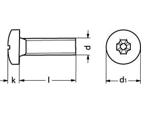 Teknisk tegning af M2x5 DIN 7985 A2 panhovedet maskinskrue med målvisninger for hovedkrumning, skruelængde og diameter.