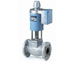 Siemens MVF461H25-8 magnetisk ventil med flange, PN16 DN25 og kvs 8, viser dens blå kontrolboks og grå metalhus.