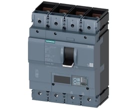 Siemens 3VA2 maksimalafbryder med 4 poler, 400A og en brydeevne på 55kA, vist med ON/OFF/TRIP håndtag og digital display.