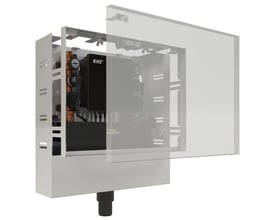 Kemper KHS LITE hygiejneskylningsboks med gennemstrømningssensor og to tilslutninger i åbent kabinet, med synlige komponenter og KHS logo.