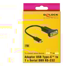 Emballage til Delock Adapter USB Type-C til seriel DB9 RS-232, med produktet synligt på gul baggrund.