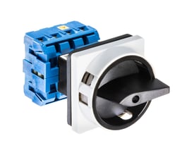 Kraus & Naimer 4-polet sikkerhedsafbryder med 20A, 0-1 funktion og aflåseligt grå/sort greb på 48x48 mm.