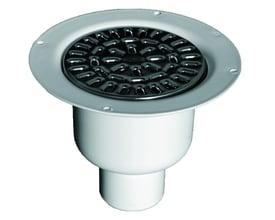 Purus Brage gulvafløb med sort blank rist i rustfrit stål og hvid PEH-krop med 110 mm lodret udløb.