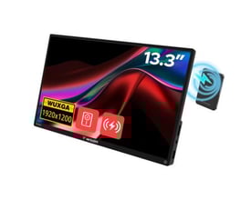 Verbatim bærbar 13,3" WUXGA touchskærm i sort ALU med medfølgende trådløs powerbank. Skærmen viser produktinformationer som 1920x1200 opløsning og 13.3" størrelse.