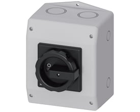 Siemens SENTRON 3LD2 hovedafbryder med gråt kabinet og sort drejegreb, 6-polet og 25 A.