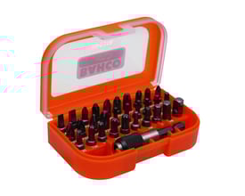 Bahco bitssæt i orange kasse med gennemsigtigt låg, der viser forskellige typer bits og magnetisk holder.