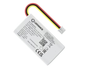Ledvance-reservedelsbatteri til nødbelysning med hvid batteripakke, røde, sorte og gule ledninger samt stik.