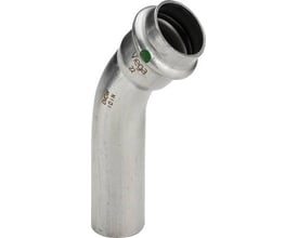Viega G1 Sanpress Inox 45° bøjning i rustfrit stål, 28 x 28 mm, med synlig mærkning og grøn SC-Contur indikator.