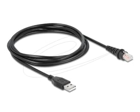 Sort USB-kabel med USB-A-stik og scannerstik til DeLock USB-stregkodescanner med 1D- og 2D-aflæsning.