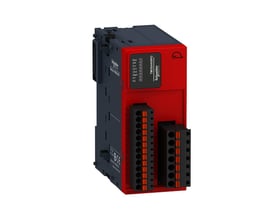 Detaljeret billede af Schneider Electric TM3SAK6RG sikkerhedsmodul, fremhæver LED-indikatorer, klemrækker og mærkning.