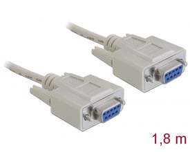 DeLock serielt RS-232-nullmodemkabel på 1,8 meter med gråt kabel og to D-Sub 9-hunstik, set fra stikenderne.