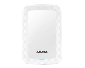 Hvid ADATA HV300 ekstern harddisk på 2 TB med kompakt, afrundet kabinet og USB-tilslutning.
