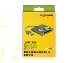 Delock USB 3.0 kortlæser til XQD 2.0 hukommelseskort præsenteret i gul emballage med produktillustration.