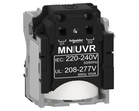Schneider Electric spole MN/UVR i sort og grå, med tydelig mærkning for 220-240V og 208-277V spænding.