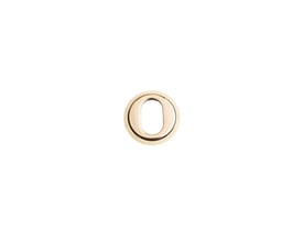 Assa Abloy dækplade til kasselås i messing med rund yderside og aflang oval åbning, set forfra.
