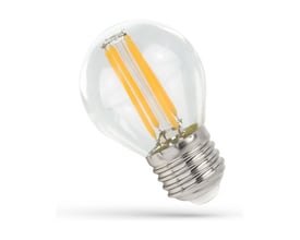 SpectrumLED LED-kronepære G45 på 4 W med E27-fatning, klart glas og synlige gule LED-filamenter.