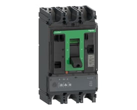 Detaljeret frontvisning af Schneider Electric ComPacT NSX630HB2 med tydelig mærkning, grønt betjeningshåndtag og MicroLogic 2.3 M-display.
