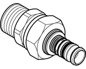 Tegning af Geberit Mepla union med nippel og udvendigt gevind, 63 mm diameter, lavet af rødgods.