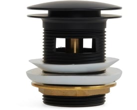 Badekar bundventil med roset i mat sort finish, vist med hvide og messingfarvede pakninger på hvid baggrund.