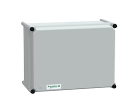Schneider Electric Kapsling 7035 MOD i RAL 7035 grå polyester, 270x360x180mm, vist fra siden med synligt logo og monteringspunkter.