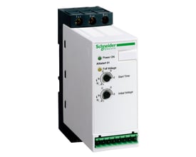 Schneider Electric Altistart 01 softstarter til DIN-skinne montering, 25A og 110-480V, vist med frontbetjening og terminaler.